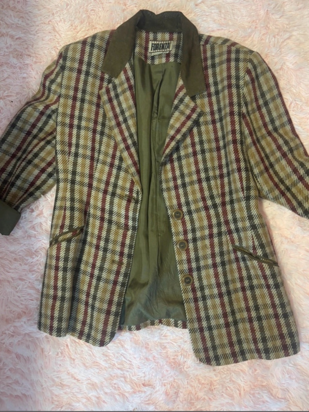 Forenza Olive, Burgundy & Cream Plaid Wool Blazer